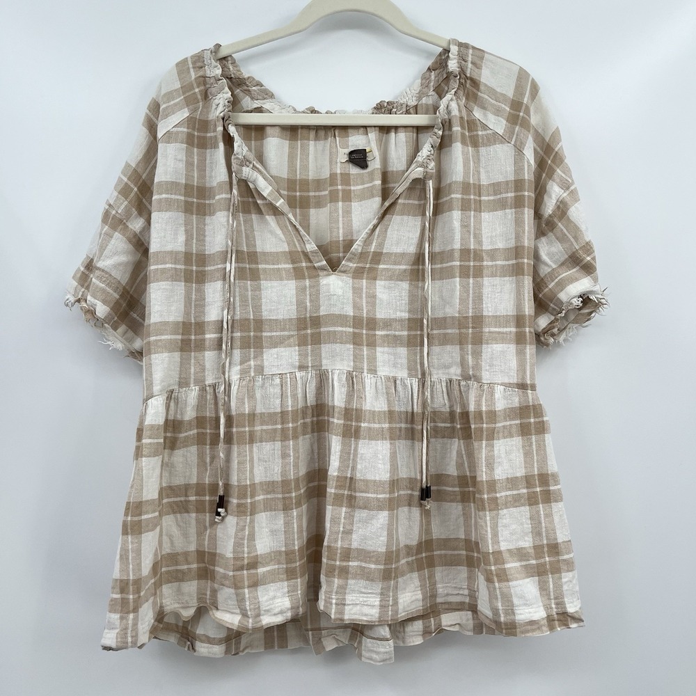Women's Blouse Top Pilcro Anthro Plaid Gingham Bette Babydoll Boho S Relax Boxy